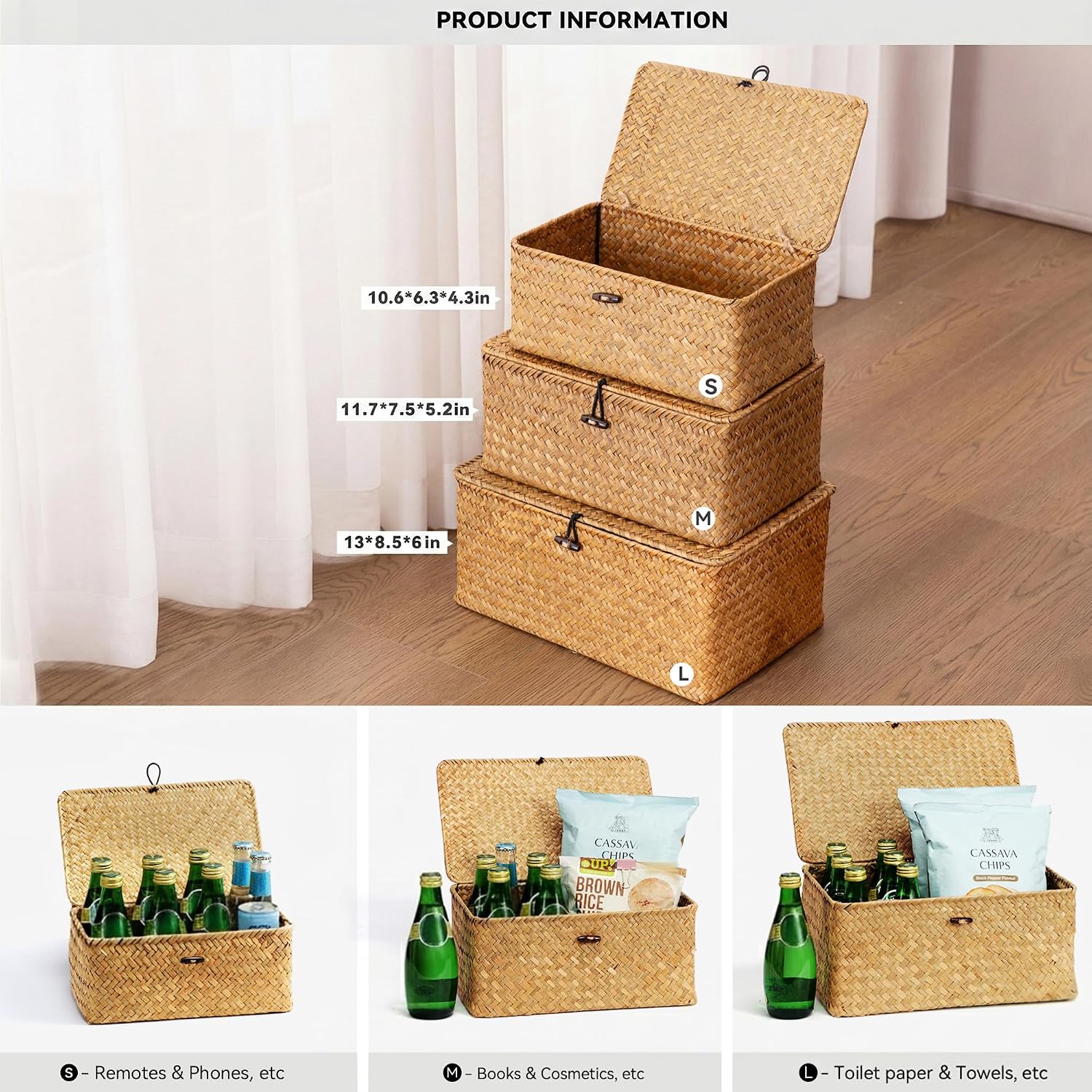 Nonam Storage Basket with Lid. Natural Seagrass Bin with Lid Set of 3. Shelf Baskets Multipurpose Container for Boho Decoration. Rectangular Household Storage Boxes for Home Organization-Natural - Image 2