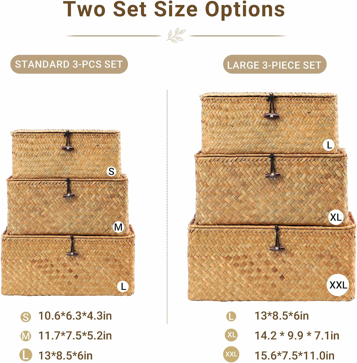Nonam Storage Basket with Lid. Natural Seagrass Bin with Lid Set of 3. Shelf Baskets Multipurpose Container for Boho Decoration. Rectangular Household Storage Boxes for Home Organization-Natural - Image 3