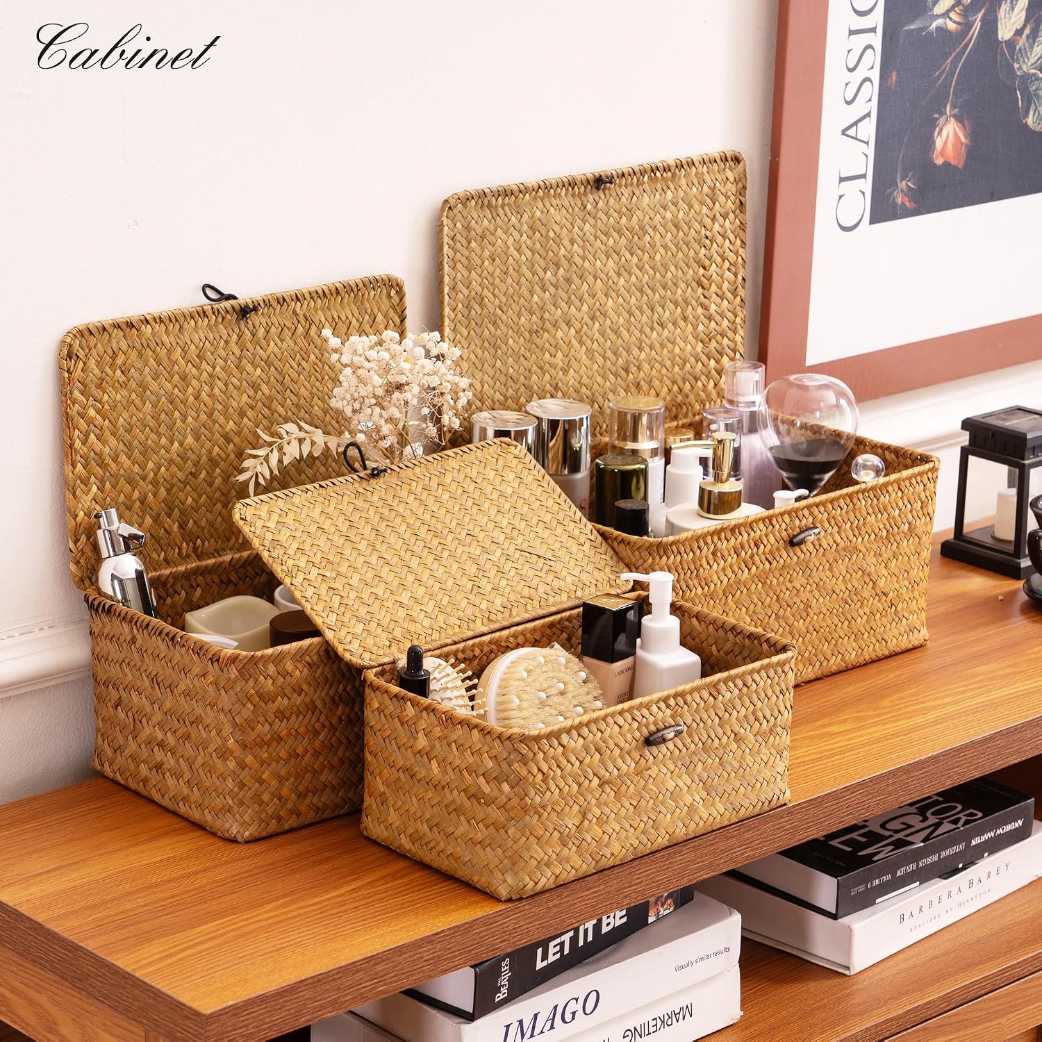 Nonam Storage Basket with Lid. Natural Seagrass Bin with Lid Set of 3. Shelf Baskets Multipurpose Container for Boho Decoration. Rectangular Household Storage Boxes for Home Organization-Natural - Image 6